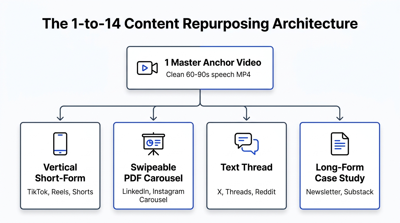 The Short-Form Repurposing Architecture: Turn 1 Video into 14 Native Assets with Zero AI Slop